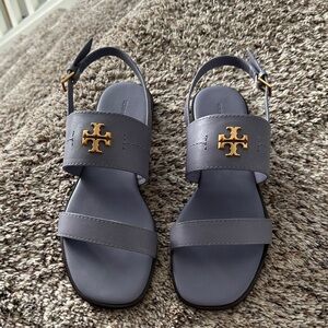 Tory Burch Slate Sandals with Gold Emblem